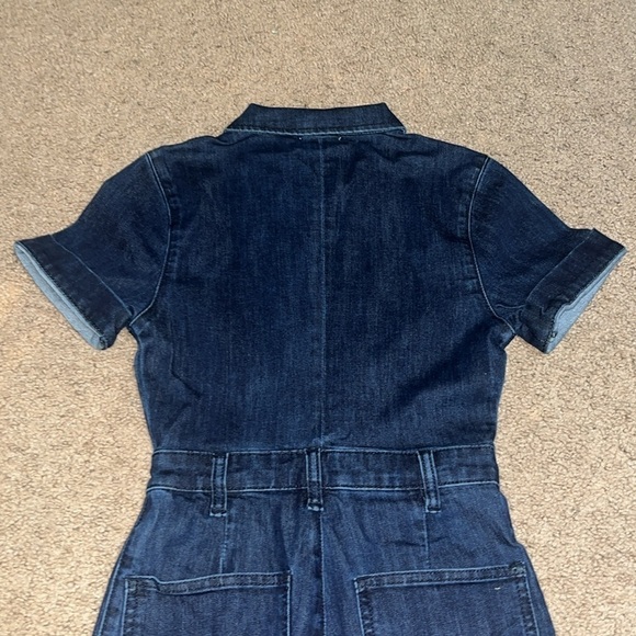 We Wore What Dark Wash Flare Denim Jumpsuit 70’s Boho Zip Up Collared XS - Picture 10 of 15